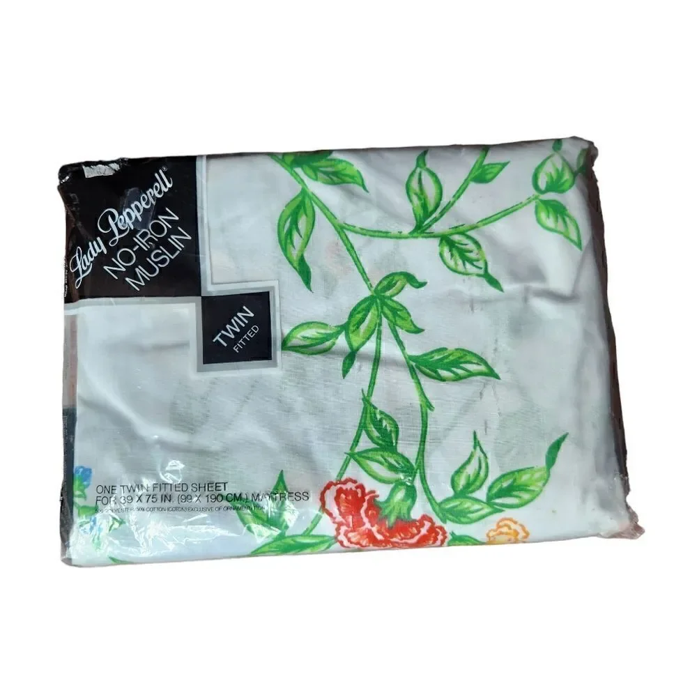 Vintage Lady Pepperell Twin Fitted Bed Sheet White Floral No Iron Muslin NEW